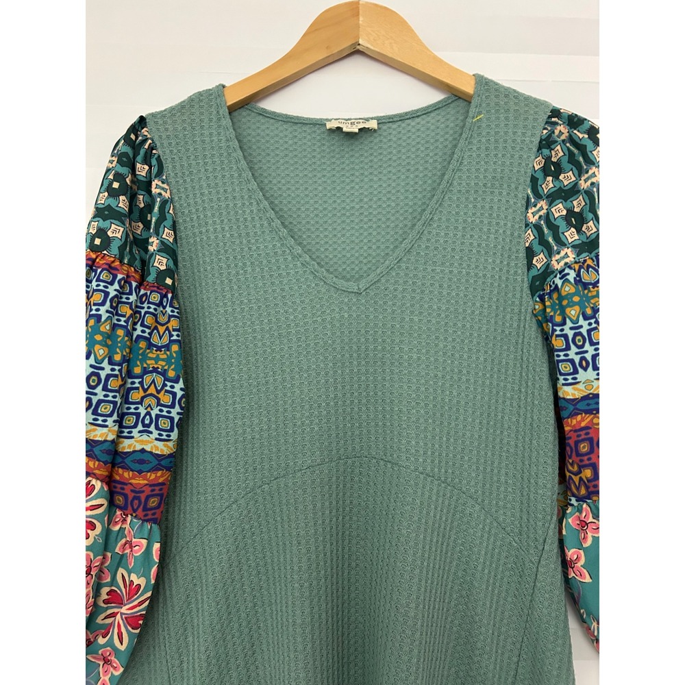 Umgee USA Sage Green Waffle Knit Mixed Print Balloon Sleeve Tunic Top S Boho - Picture 3 of 7